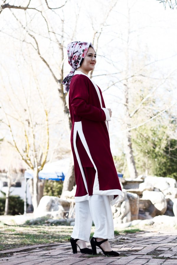 Büyük Beden Beyaz Garnili Üçlü Takım Ceket  içlik  pantolon  Bordo