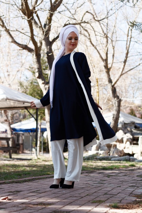 Büyük Beden Beyaz Garnili Üçlü Takım Ceket içlik pantolon Lacivert Büyük Beden Beyaz Garnili Üçlü Takım Ceket içlik pantolon Lacivert