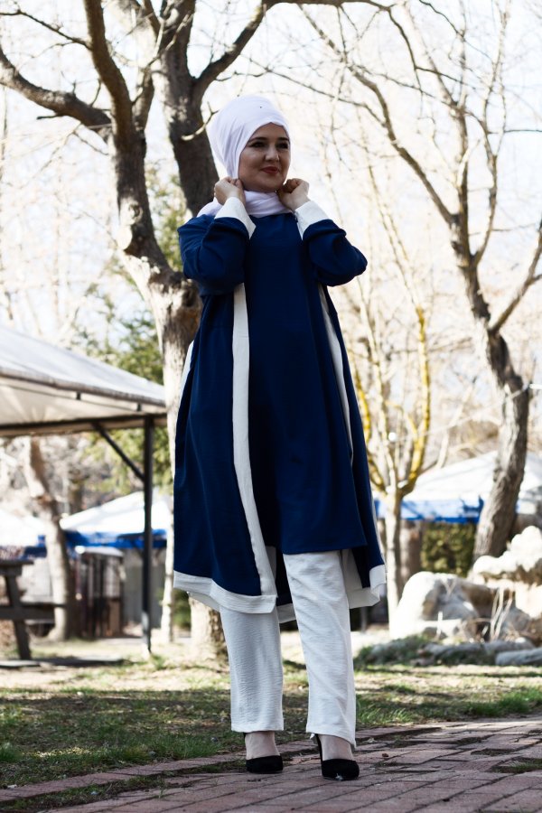 Büyük Beden Beyaz Garnili Üçlü Takım Ceket içlik pantolon Petrol Mavi Büyük Beden Beyaz Garnili Üçlü Takım Ceket içlik pantolon Petrol Mavi