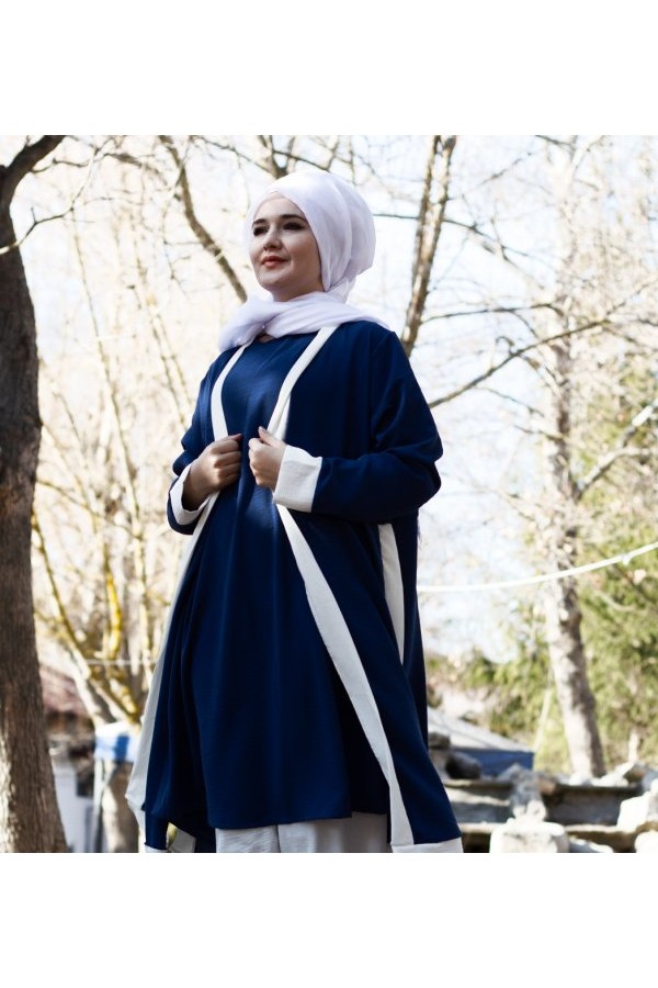 Büyük Beden Beyaz Garnili Üçlü Takım Ceket içlik pantolon Petrol Mavi Büyük Beden Beyaz Garnili Üçlü Takım Ceket içlik pantolon Petrol Mavi