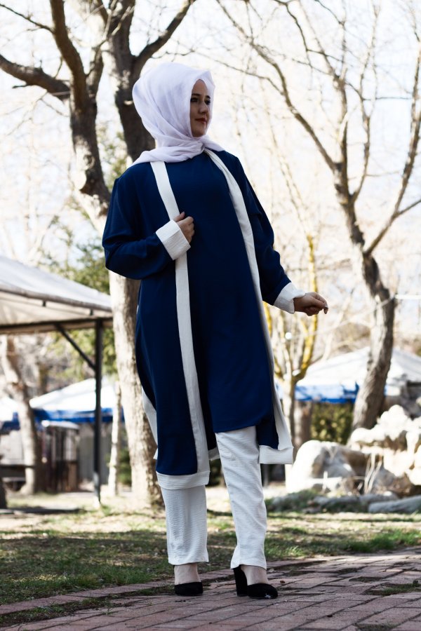 Büyük Beden Beyaz Garnili Üçlü Takım Ceket içlik pantolon Petrol Mavi Büyük Beden Beyaz Garnili Üçlü Takım Ceket içlik pantolon Petrol Mavi