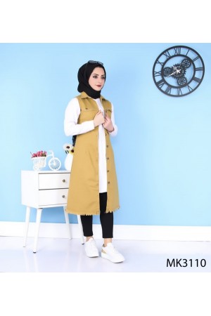 Püskül Detaylı Uzun Kot Yelek  Hardal