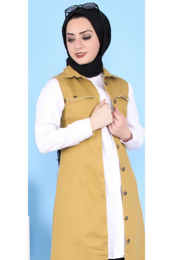 Püskül Detaylı Uzun Kot Yelek  Hardal