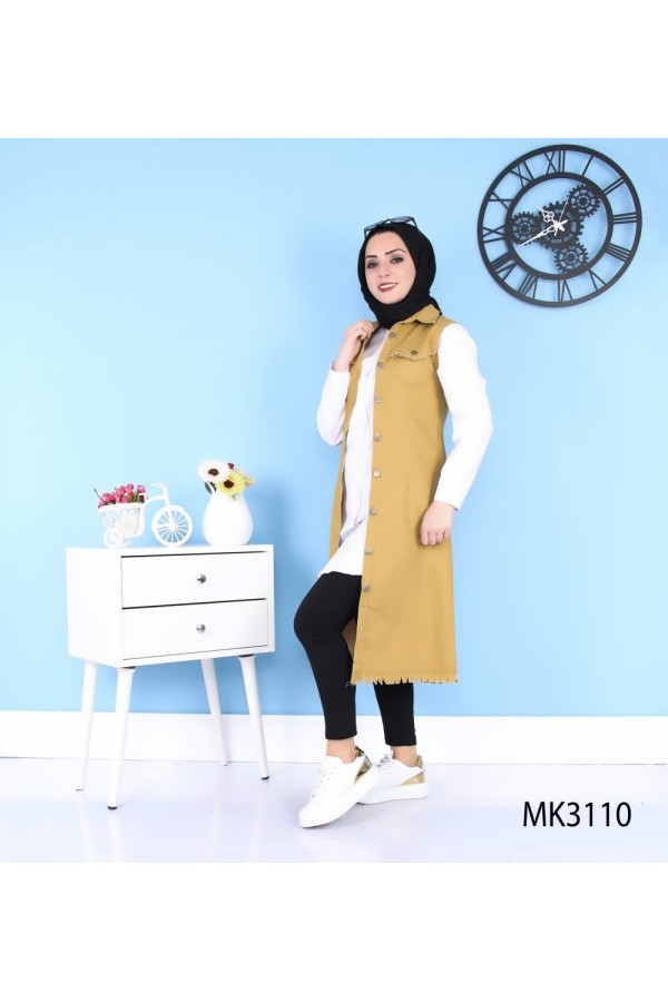 Püskül Detaylı Uzun Kot Yelek  Hardal