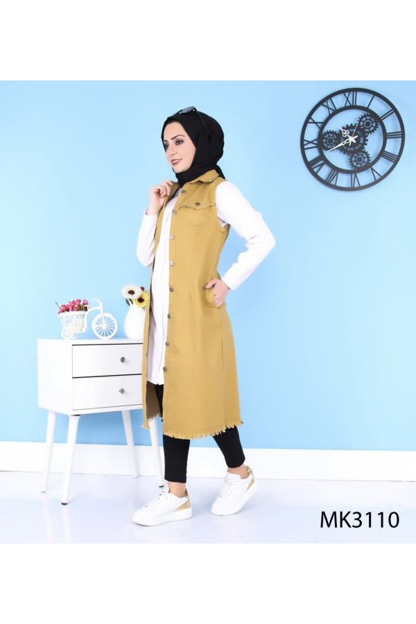 Püskül Detaylı Uzun Kot Yelek  Hardal