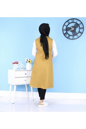 Püskül Detaylı Uzun Kot Yelek  Hardal