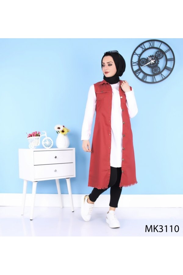 Püskül Detaylı Uzun Kot Yelek  Bordo