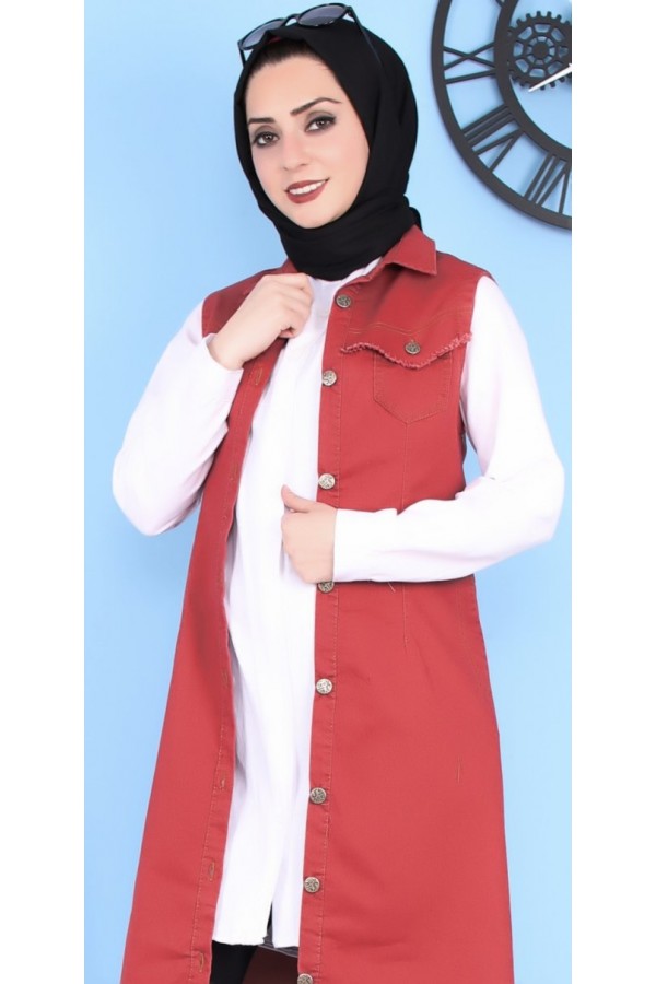 Püskül Detaylı Uzun Kot Yelek  Bordo