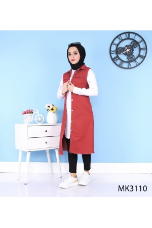 Püskül Detaylı Uzun Kot Yelek  Bordo