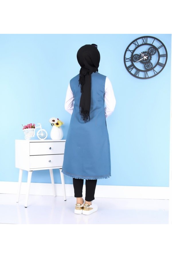 Püskül Detaylı Uzun Kot Yelek  Petrol Mavisi