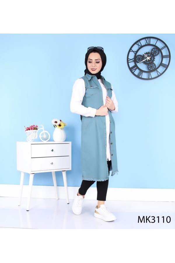 Püskül Detaylı Uzun Kot Yelek  Petrol Yeşili