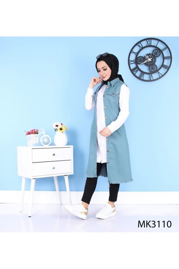 Püskül Detaylı Uzun Kot Yelek  Petrol Yeşili