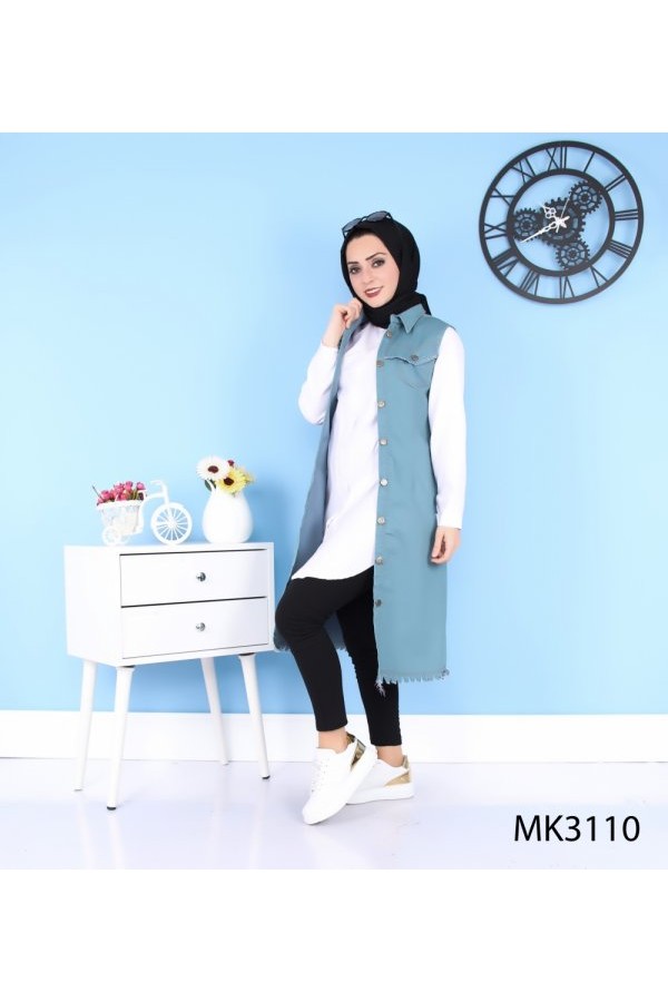 Püskül Detaylı Uzun Kot Yelek  Petrol Yeşili