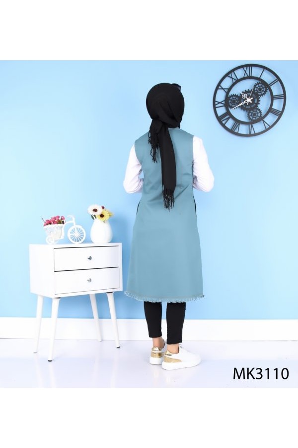 Püskül Detaylı Uzun Kot Yelek  Petrol Yeşili