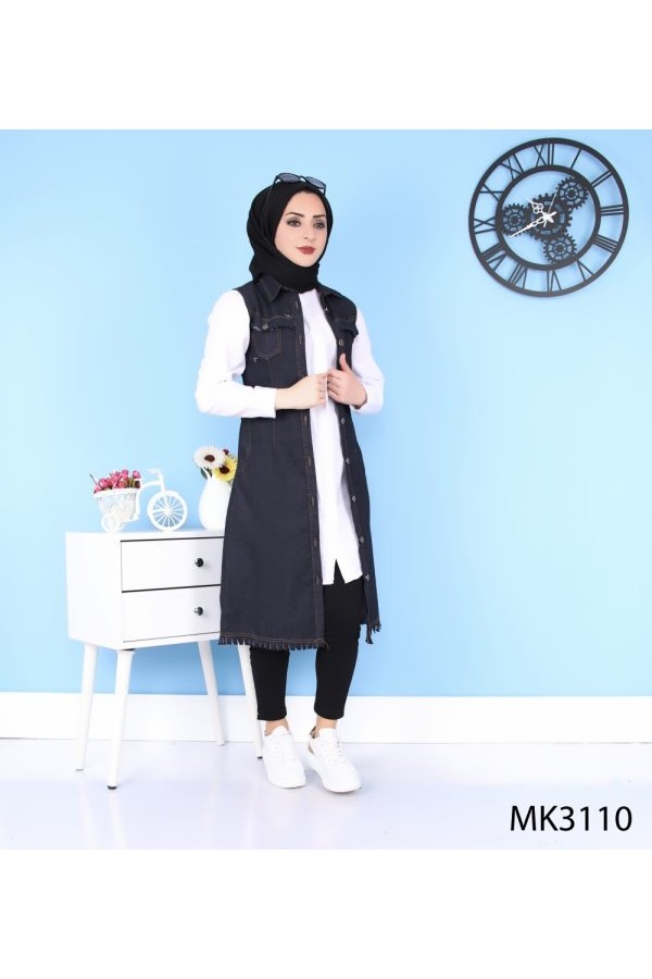 Püskül Detaylı Uzun Kot Yelek  Lacivert