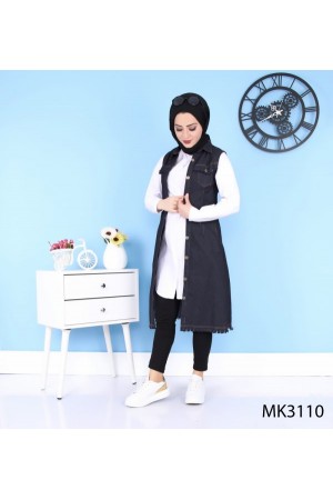 Püskül Detaylı Uzun Kot Yelek  Lacivert