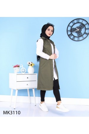 Püskül Detaylı Uzun Kot Yelek  Haki