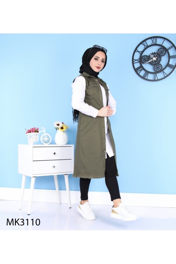 Püskül Detaylı Uzun Kot Yelek  Haki