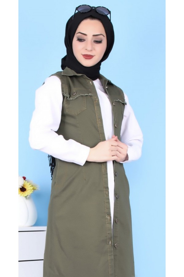 Püskül Detaylı Uzun Kot Yelek  Haki