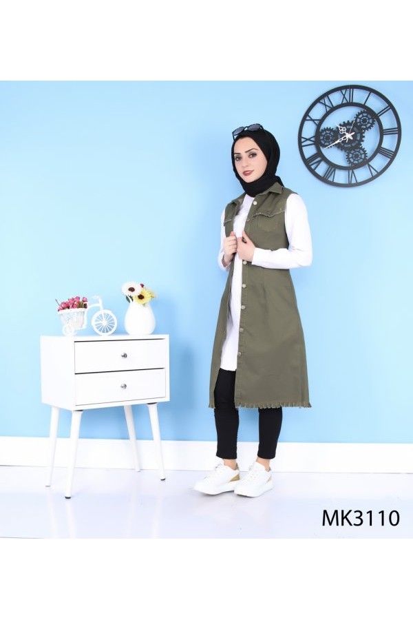 Püskül Detaylı Uzun Kot Yelek  Haki