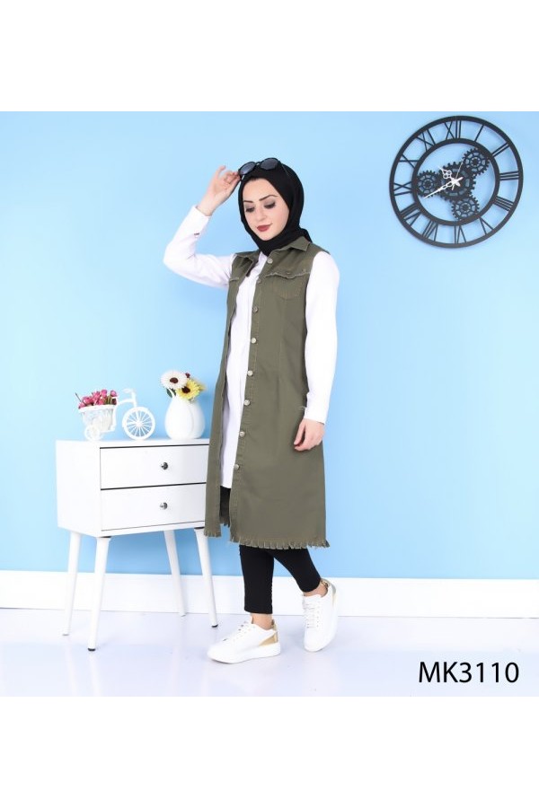 Püskül Detaylı Uzun Kot Yelek  Haki