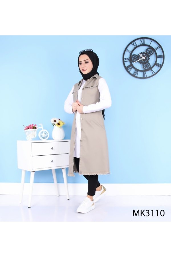 Püskül Detaylı Uzun Kot Yelek  Vizon