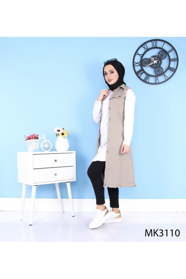 Püskül Detaylı Uzun Kot Yelek  Vizon