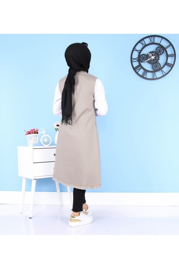 Püskül Detaylı Uzun Kot Yelek  Vizon