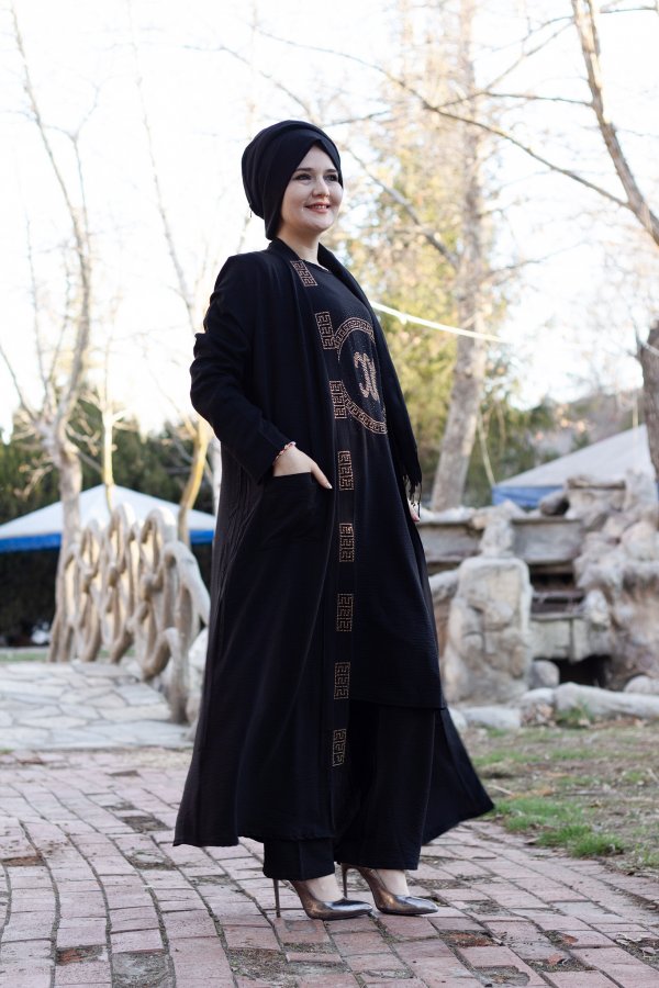 Büyük Beden Özel Taş Detaylı Üçlü Takım Ceket içlik pantolon Siyah Büyük Beden Özel Taş Detaylı Üçlü Takım Ceket içlik pantolon Siyah