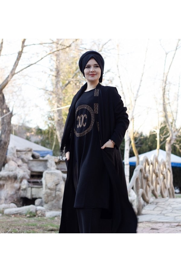 Büyük Beden Özel Taş Detaylı Üçlü Takım Ceket içlik pantolon Siyah Büyük Beden Özel Taş Detaylı Üçlü Takım Ceket içlik pantolon Siyah