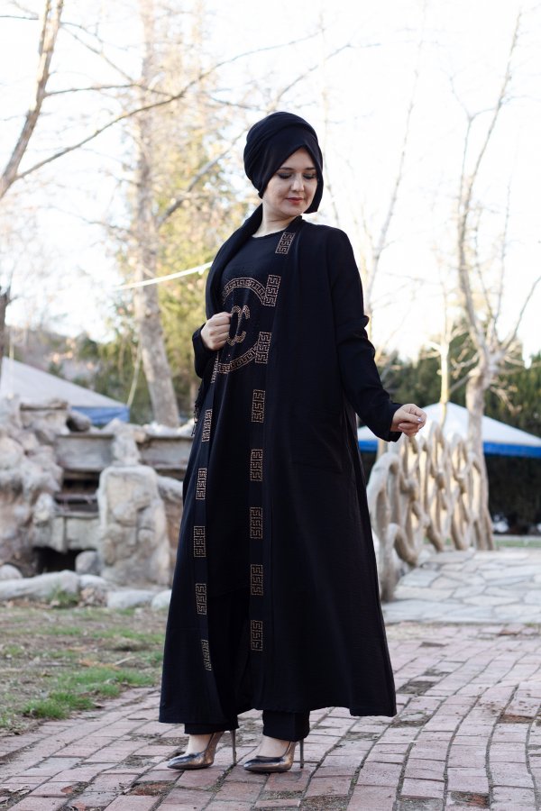 Büyük Beden Özel Taş Detaylı Üçlü Takım Ceket içlik pantolon Siyah Büyük Beden Özel Taş Detaylı Üçlü Takım Ceket içlik pantolon Siyah