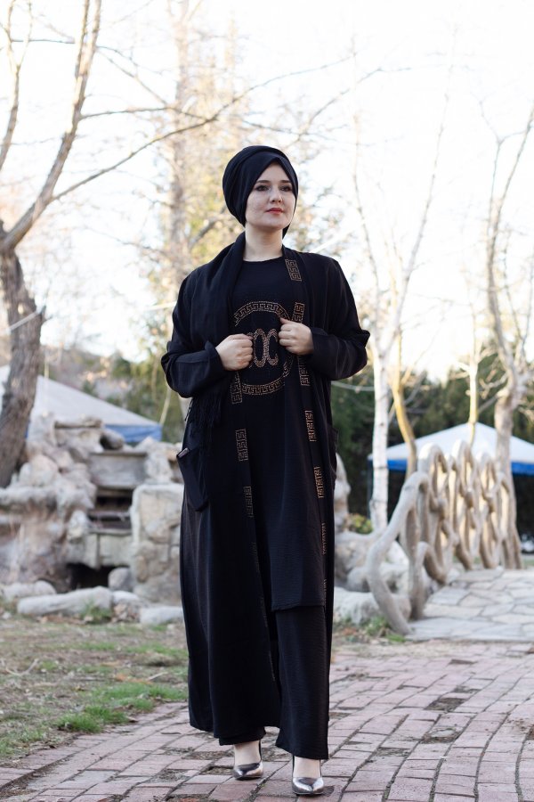 Büyük Beden Özel Taş Detaylı Üçlü Takım Ceket içlik pantolon Siyah Büyük Beden Özel Taş Detaylı Üçlü Takım Ceket içlik pantolon Siyah