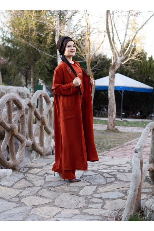 Büyük Beden Özel Taş Detaylı Üçlü Takım Ceket içlik pantolon Kiremit Büyük Beden Özel Taş Detaylı Üçlü Takım Ceket içlik pantolon Kiremit