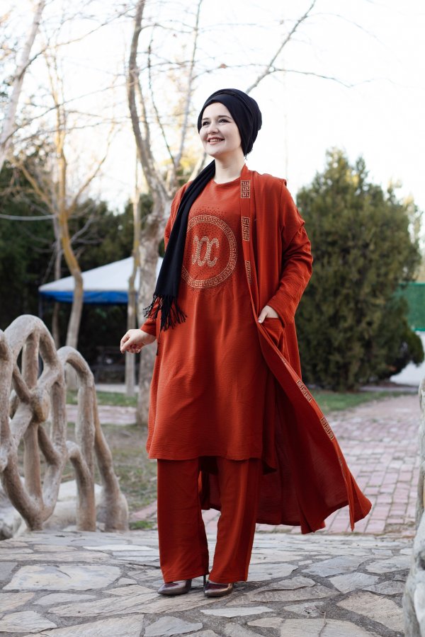 Büyük Beden Özel Taş Detaylı Üçlü Takım Ceket içlik pantolon Kiremit Büyük Beden Özel Taş Detaylı Üçlü Takım Ceket içlik pantolon Kiremit