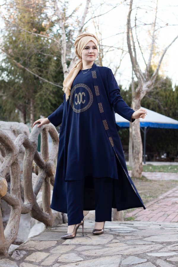 Büyük Beden Özel Taş Detaylı Üçlü Takım Ceket içlik pantolon Lacivert Büyük Beden Özel Taş Detaylı Üçlü Takım Ceket içlik pantolon Lacivert