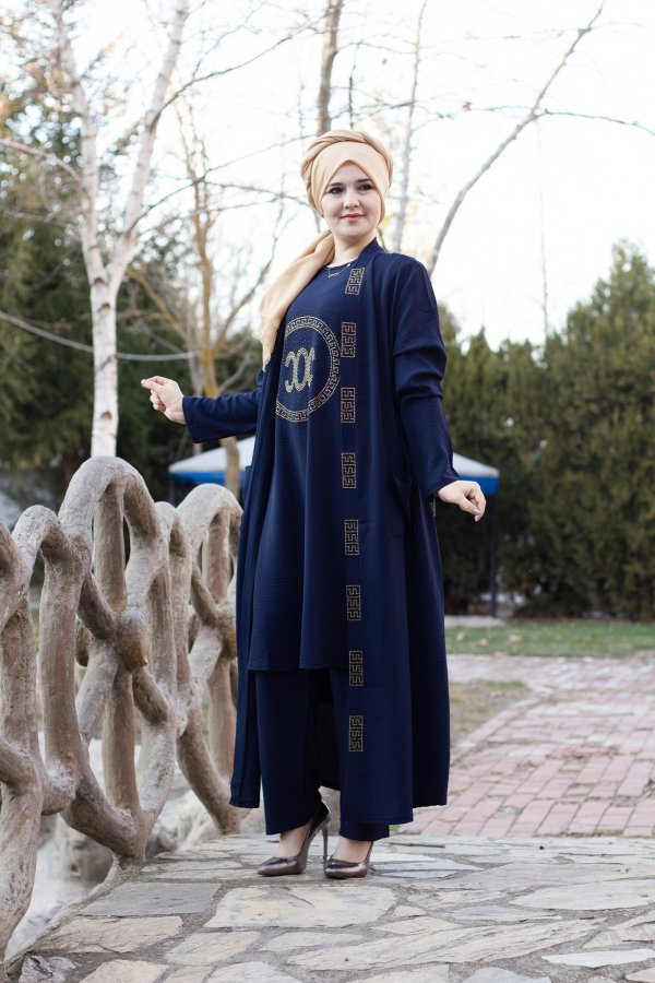 Büyük Beden Özel Taş Detaylı Üçlü Takım Ceket içlik pantolon Lacivert Büyük Beden Özel Taş Detaylı Üçlü Takım Ceket içlik pantolon Lacivert