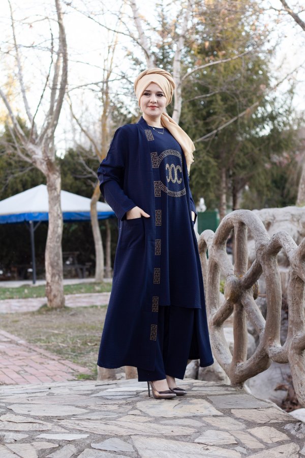 Büyük Beden Özel Taş Detaylı Üçlü Takım Ceket içlik pantolon Lacivert Büyük Beden Özel Taş Detaylı Üçlü Takım Ceket içlik pantolon Lacivert