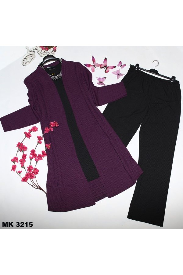 Büyük Beden Desenli Üçlü Takım kimono tunik pantolon Mor Büyük Beden Desenli Üçlü Takım kimono tunik pantolon Mor