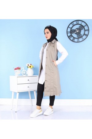 Cepli Uzun Renkli Kot Yelek  Bej