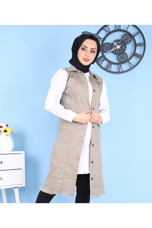 Cepli Uzun Renkli Kot Yelek  Bej