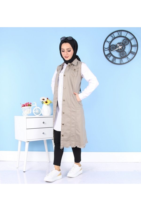 Cepli Uzun Renkli Kot Yelek  Bej