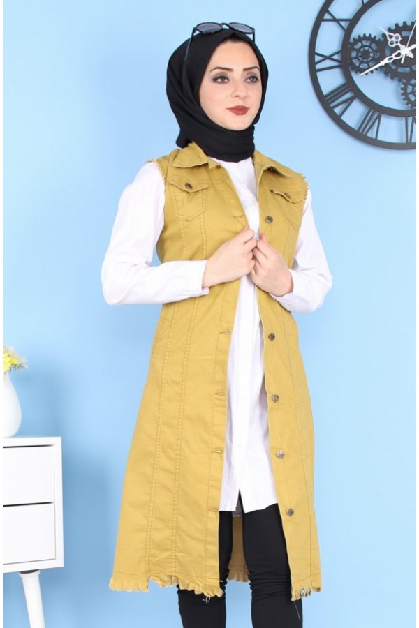 Cepli Uzun Renkli Kot Yelek  Hardal