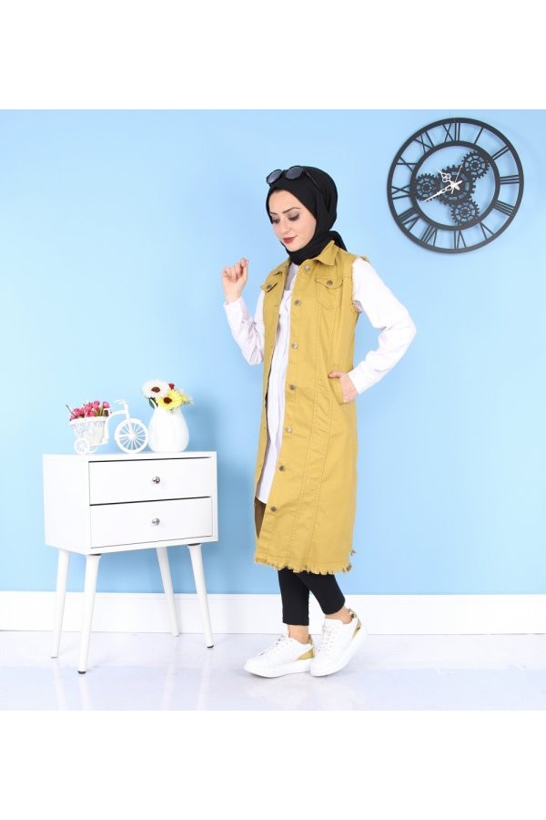 Cepli Uzun Renkli Kot Yelek  Hardal