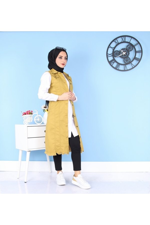 Cepli Uzun Renkli Kot Yelek  Hardal