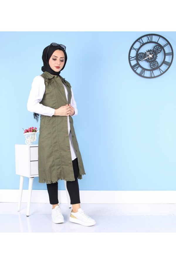 Cepli Uzun Renkli Kot Yelek  Haki