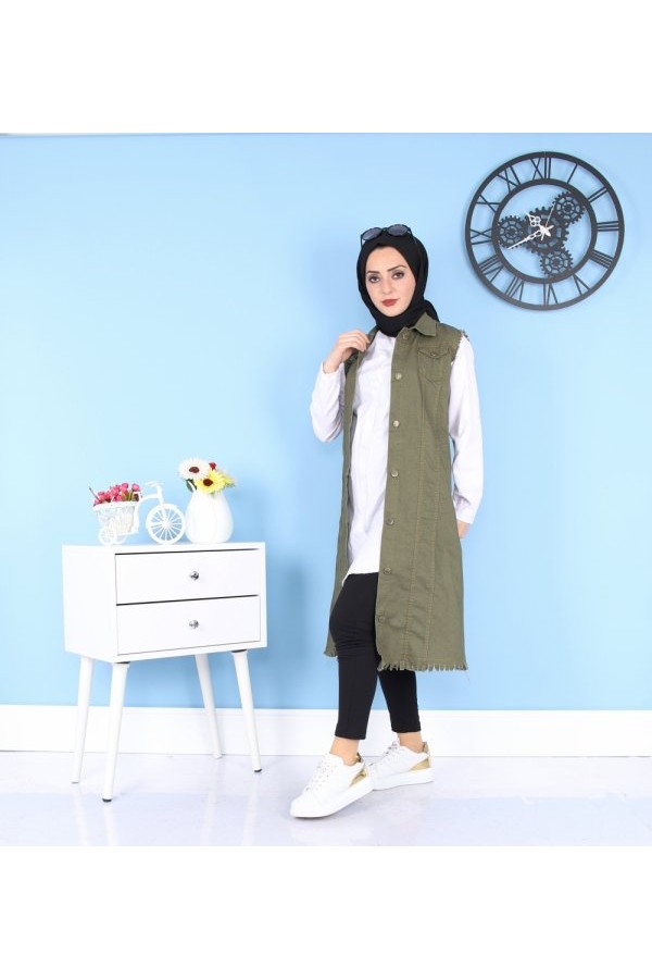 Cepli Uzun Renkli Kot Yelek  Haki