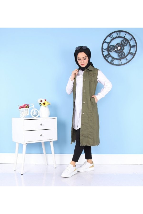 Cepli Uzun Renkli Kot Yelek  Haki