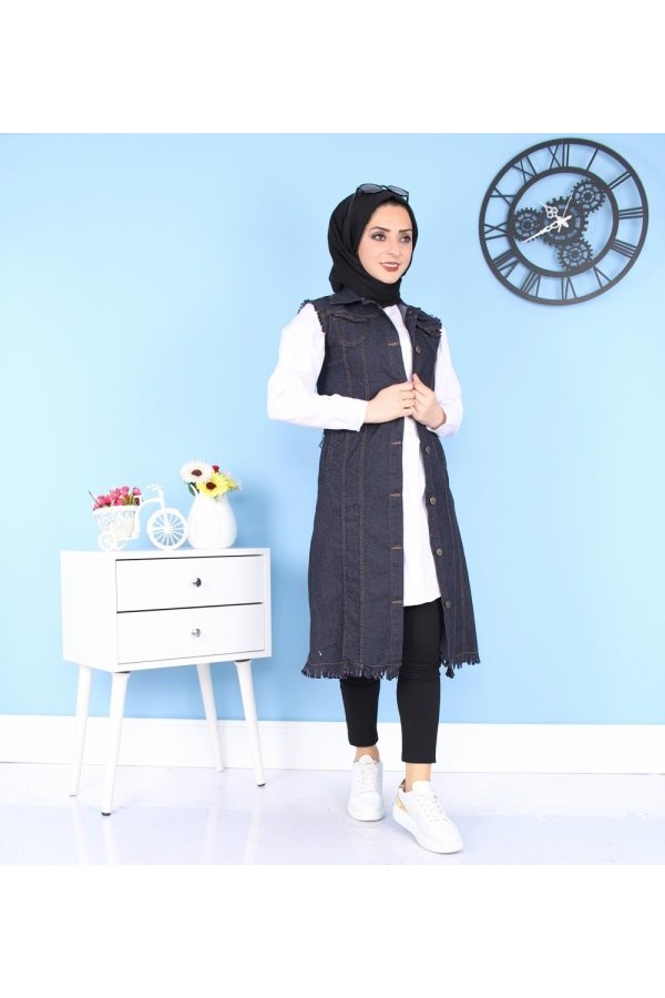 Cepli Uzun Renkli Kot Yelek  Lacivert