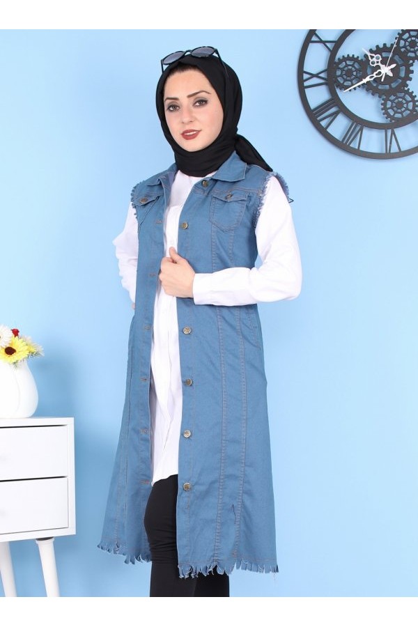 Cepli Uzun Renkli Kot Yelek  Petrol Mavi