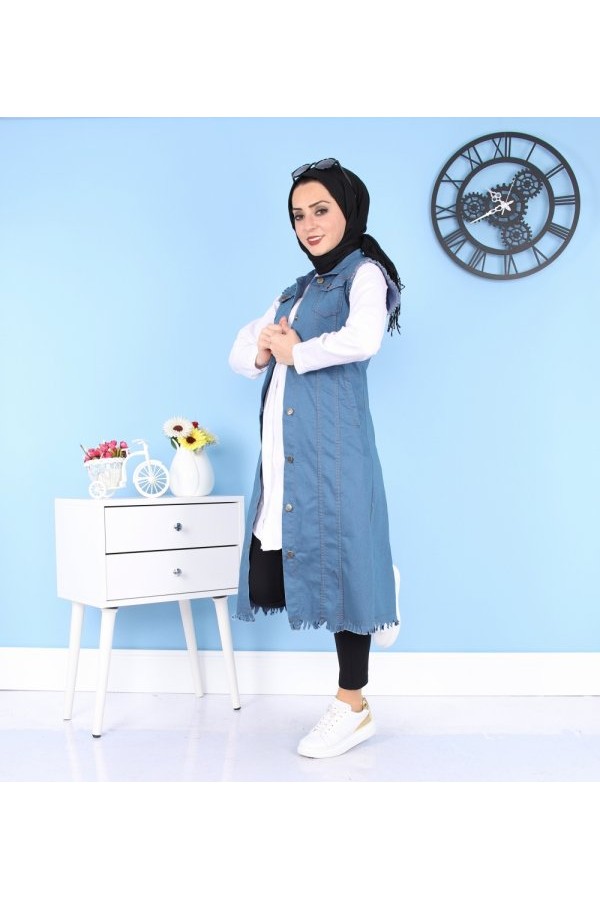 Cepli Uzun Renkli Kot Yelek  Petrol Mavi